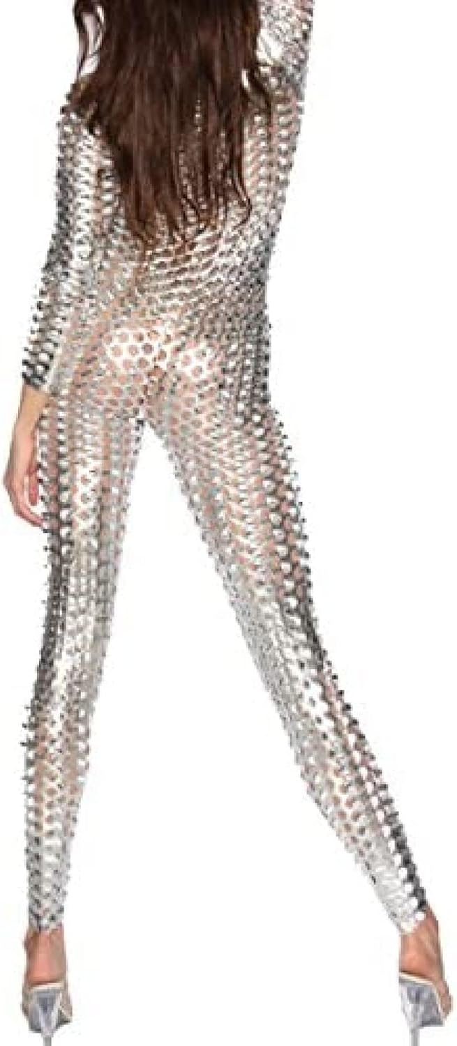 Faux Leather Bodysuit Women's Latex Catsuit Sexy Wetlook Lingerie Nightclub Party Clubwear,Silver-,Large