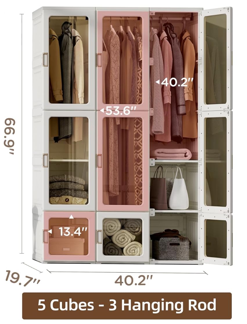 HAIS Portable Closet Armoire 67''x41'' Wardrobe (8 Cubbies - 3