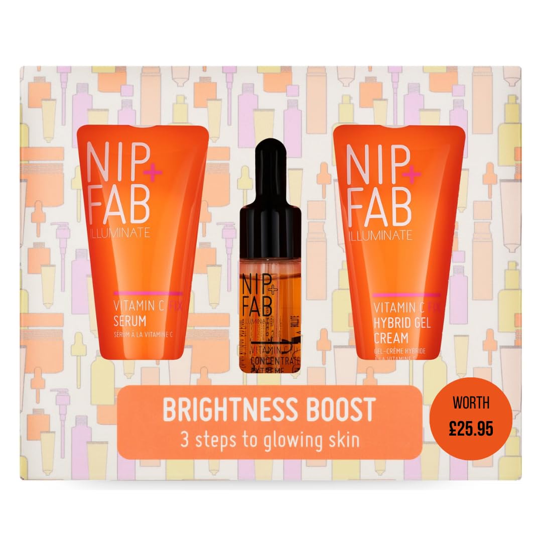 Nip + Fab Brightness Boost Vitamin C Gift Set Designed to Brighten, Smooth and Hydrate Your Skin, Vitamin C Serum, Gel Cream and 15% Vitamin C Concentrate, Secrent Santa Gift, Stocking Filler