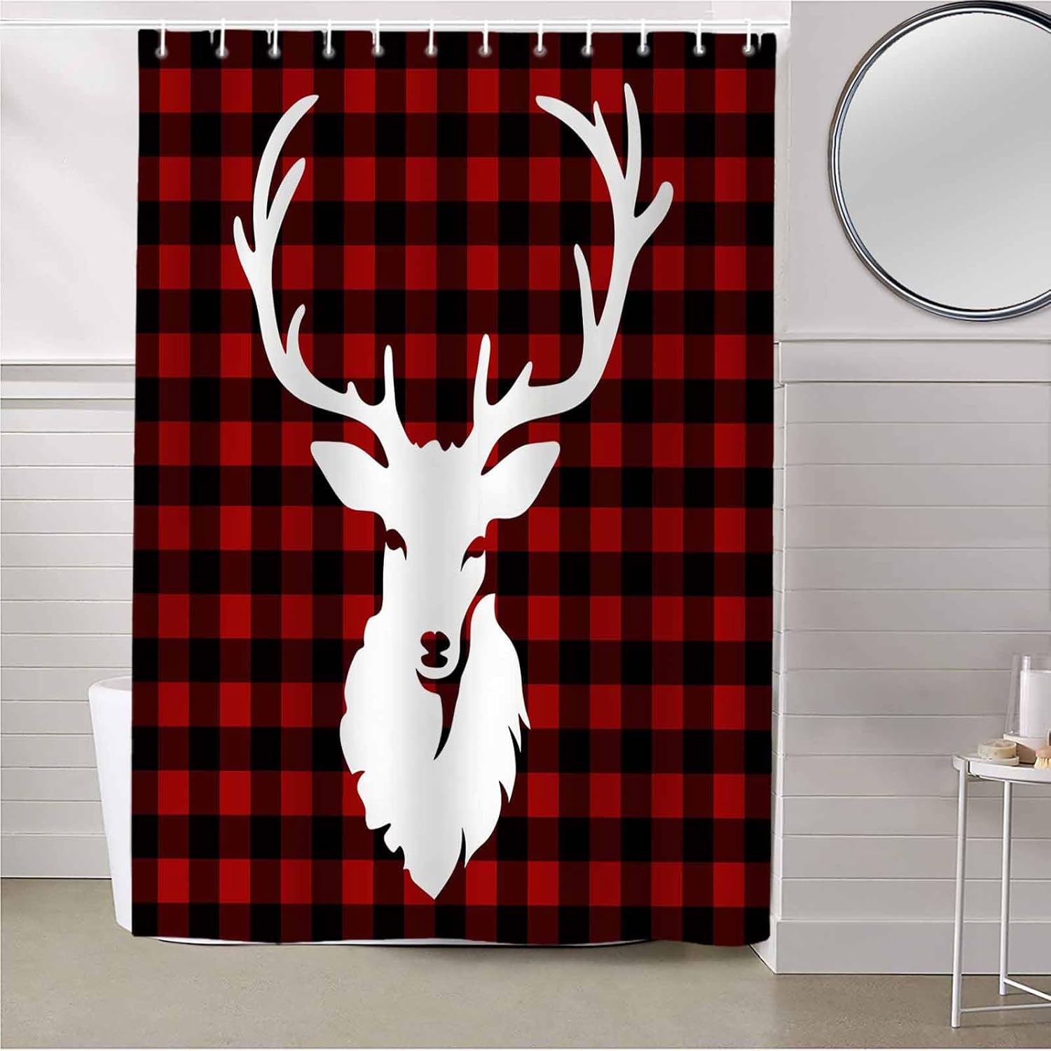 Shower Curtain Christams Deer Red Black Buffalo Plaid Pattern Waterproof Polyester Fabric Bath Curtains with Hooks Bathroom Decor- 36x72in