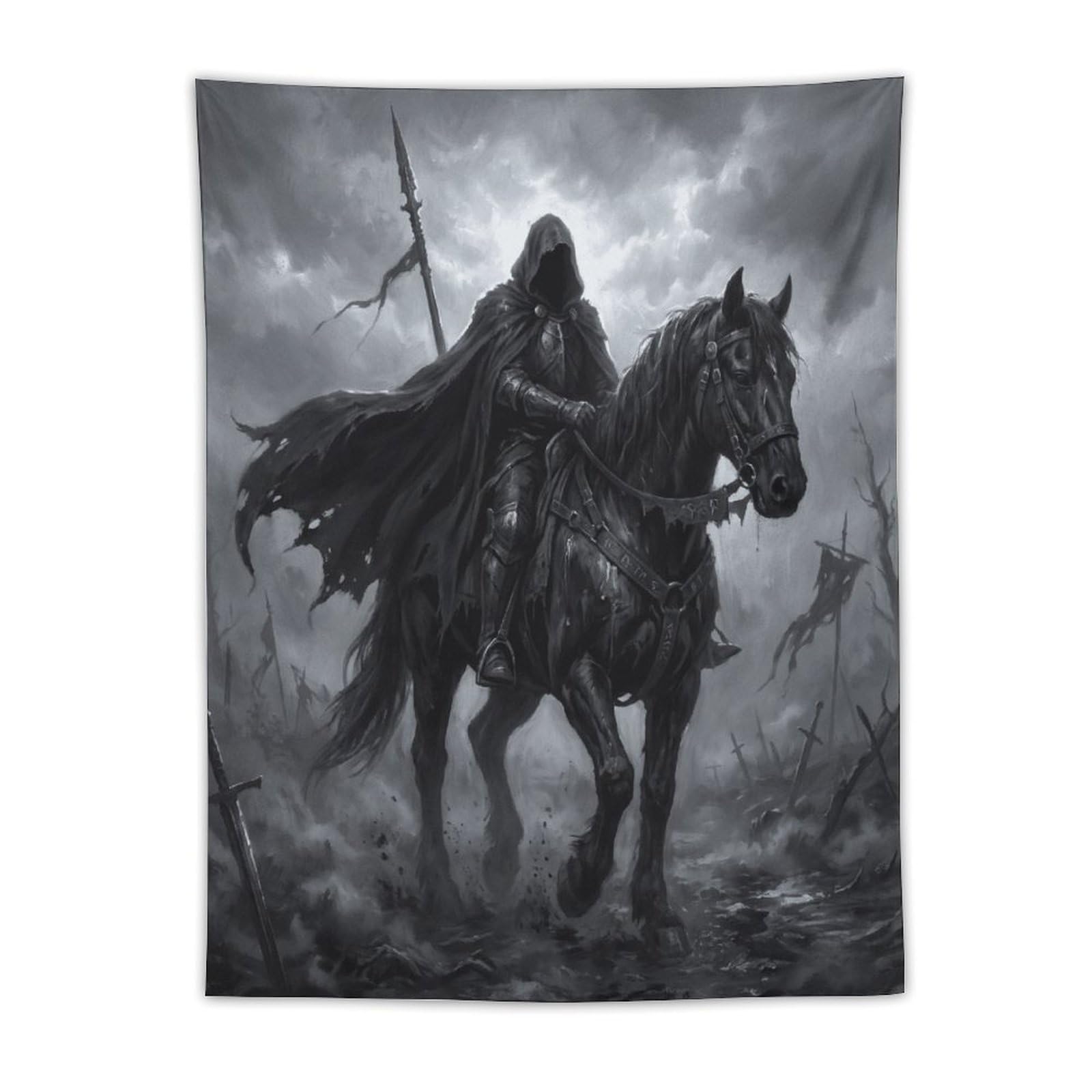 W7C8U2X3 Shadow Horseman Wall Tapestry, Medieval Illustration, Dark Meadow