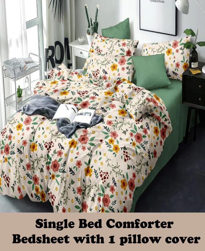 Image of Polycotton Printed 120 TC Comforter & Bedsheet Single Bed Bedding Set, Queen Size (60x90 inch), Cream & Yellow, 3 Pieces