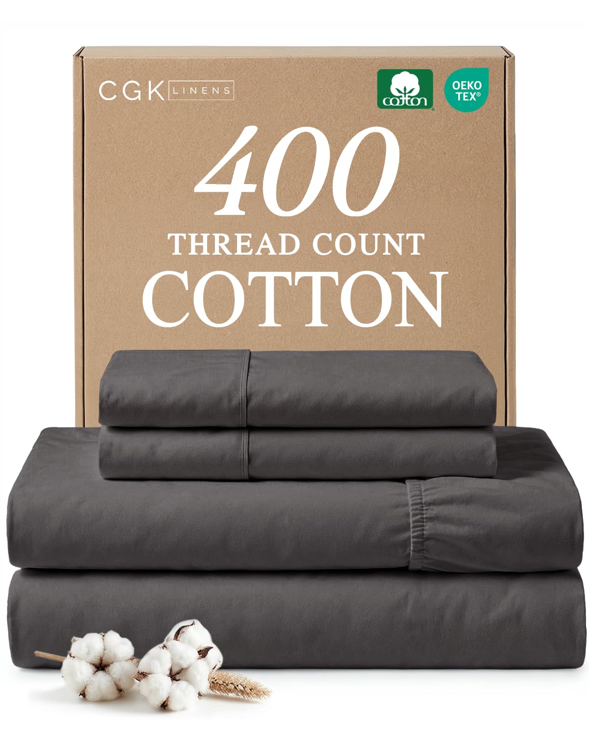 full 4 piece 100% cotton sheet set - 400 thread count sateen - dark grey