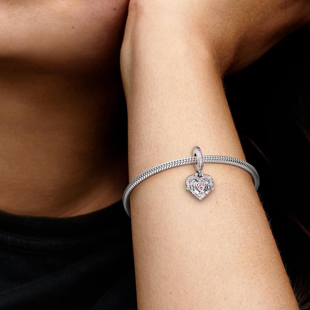 Pandora Heart & Mom Dangle Charm - Compatible Moments Bracelets - Jewelry for Women - Gift for Women - Made with Sterling Silver & Cubic Zirconia, No Gift Box