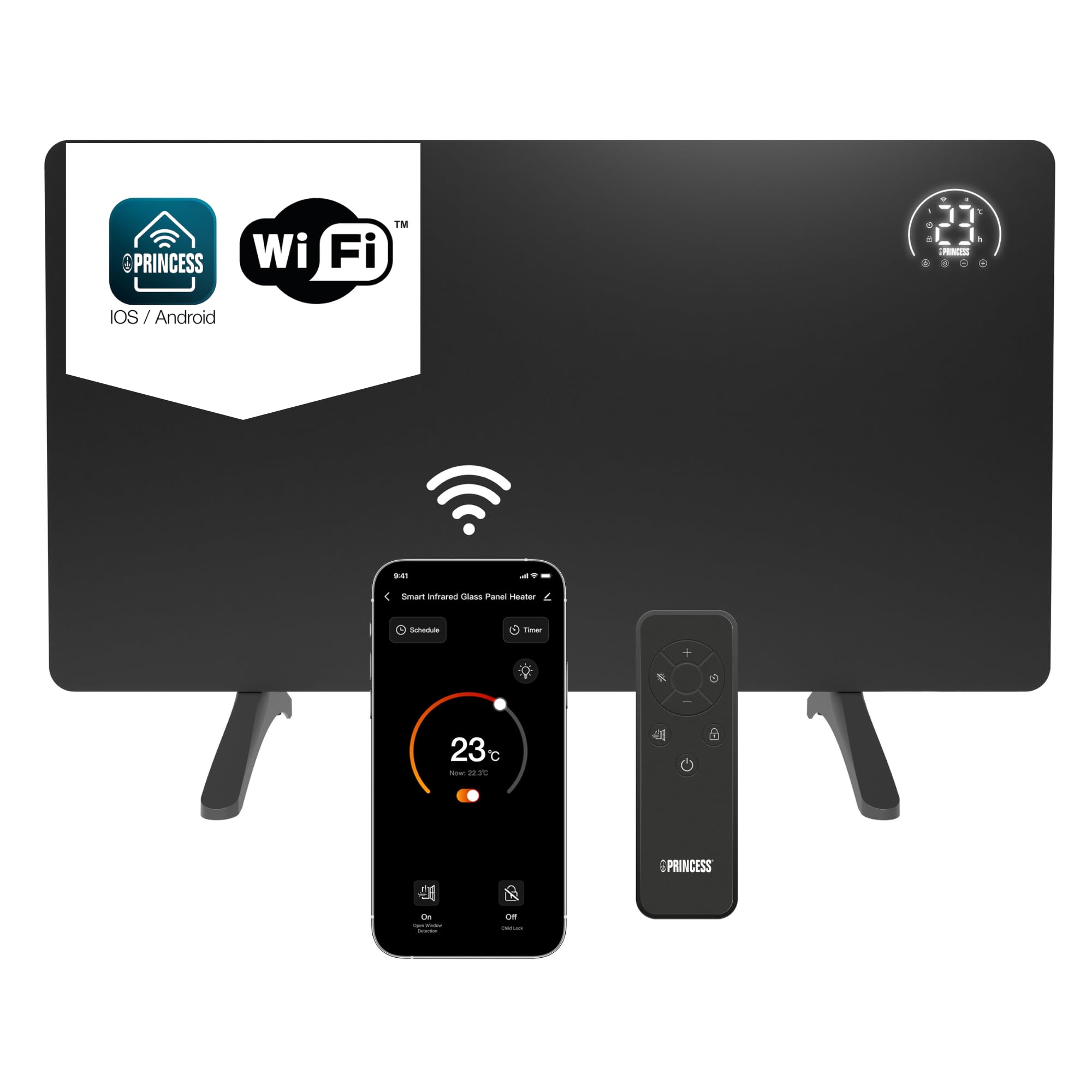 Princess Infrarot-Heizung Connected - Carbon Crystal - Flacher Wandheizkörper - 480 W - Einstellbarer Thermostat bis 50 °C - 24-Stunden-Timer - Wochenprogrammierung - Weiß oder Schwarz (Schwarz)