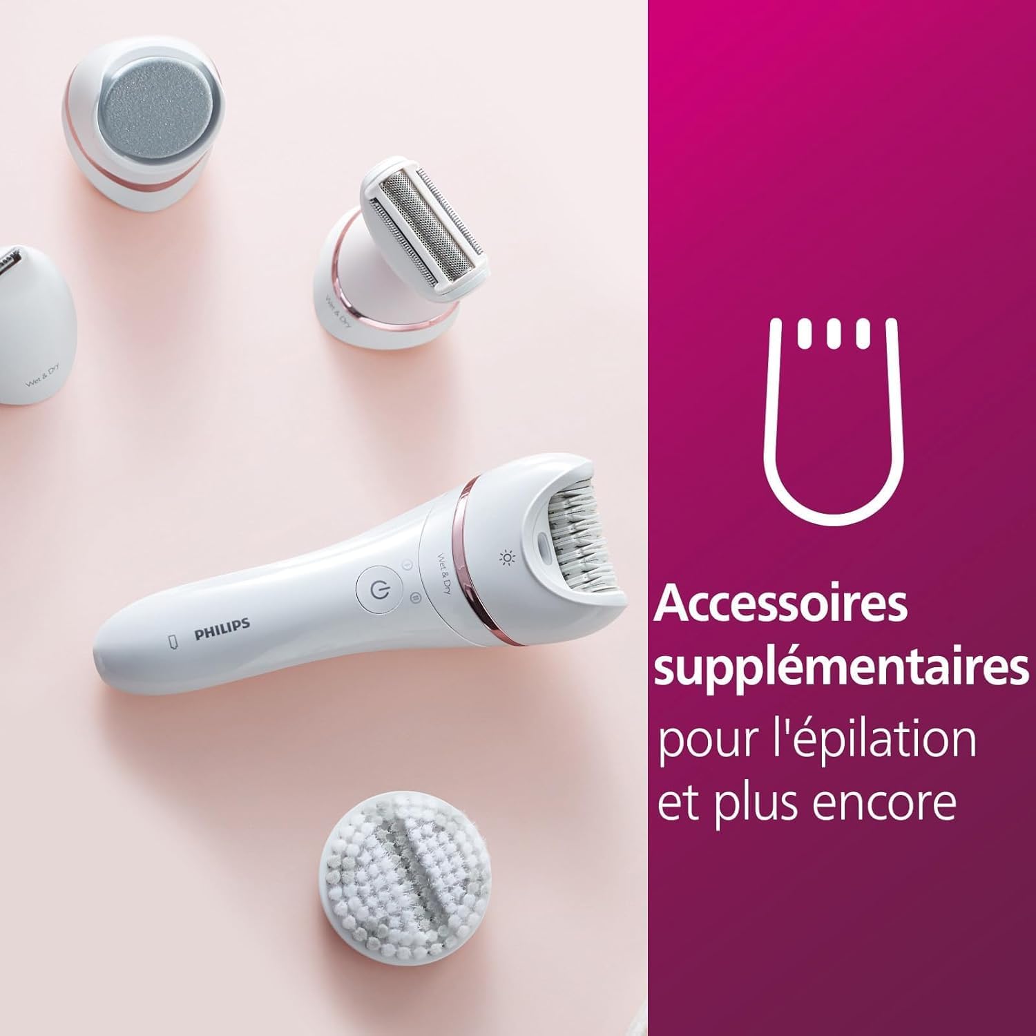 Philips Series 8000 - Epilateur Wet & Dry sans fil pour les jambes et le corps, avec 9 accessoires, rasoir, tondeuse, embout pédicure et embout exfoliant pour le corps, (modèle BRE740/10)