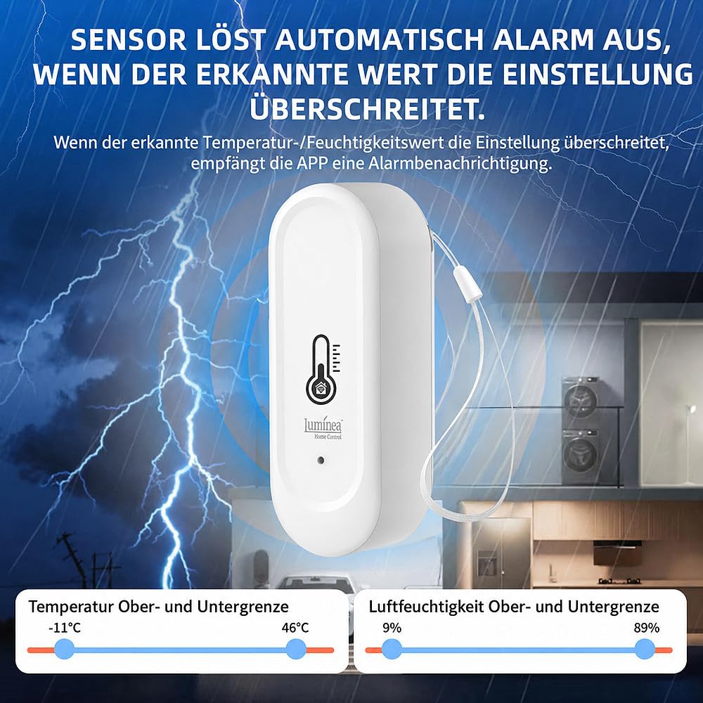 Luminea Home Control Temperatur Sensoren: 4er-Set WLAN-Außen- und Innen-Temperatur- und Luftfeuchtigkeitssensor (Thermometer Funk, Thermometer Hygrometer Funk, WC)