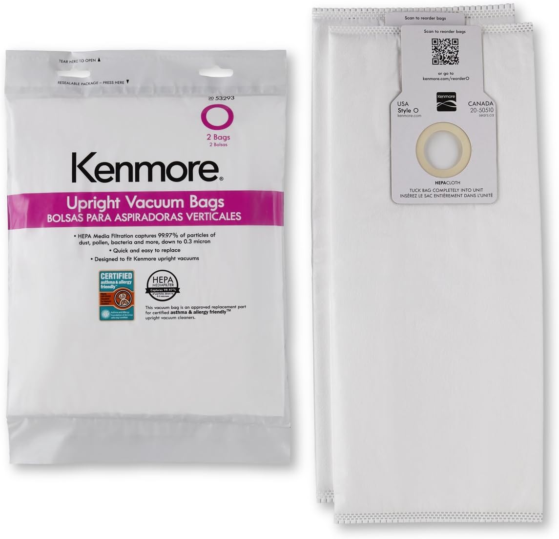Kenmore 53294 Style O HEPA Cloth Vacuum Bags for Kenmore Upright Vacuum Cleaners 6 Pack, White -