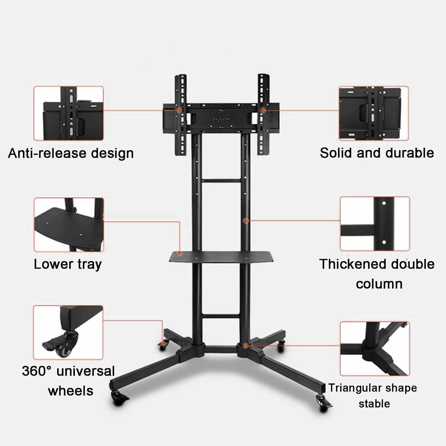 Soporte para TV con Ruedas - Soporte móvil de Suelo para TV, Ajuste de Altura con Bandeja de Almacenamiento, para Pantallas de 32 a 60 Pulgadas, rotación Horizontal,