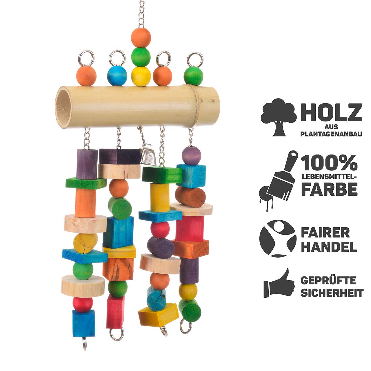 HappyBird Holzkrake Papageienspielzeug – 52 Cm Lang, Mit Metallkette, Für Graupapageien & Sittiche