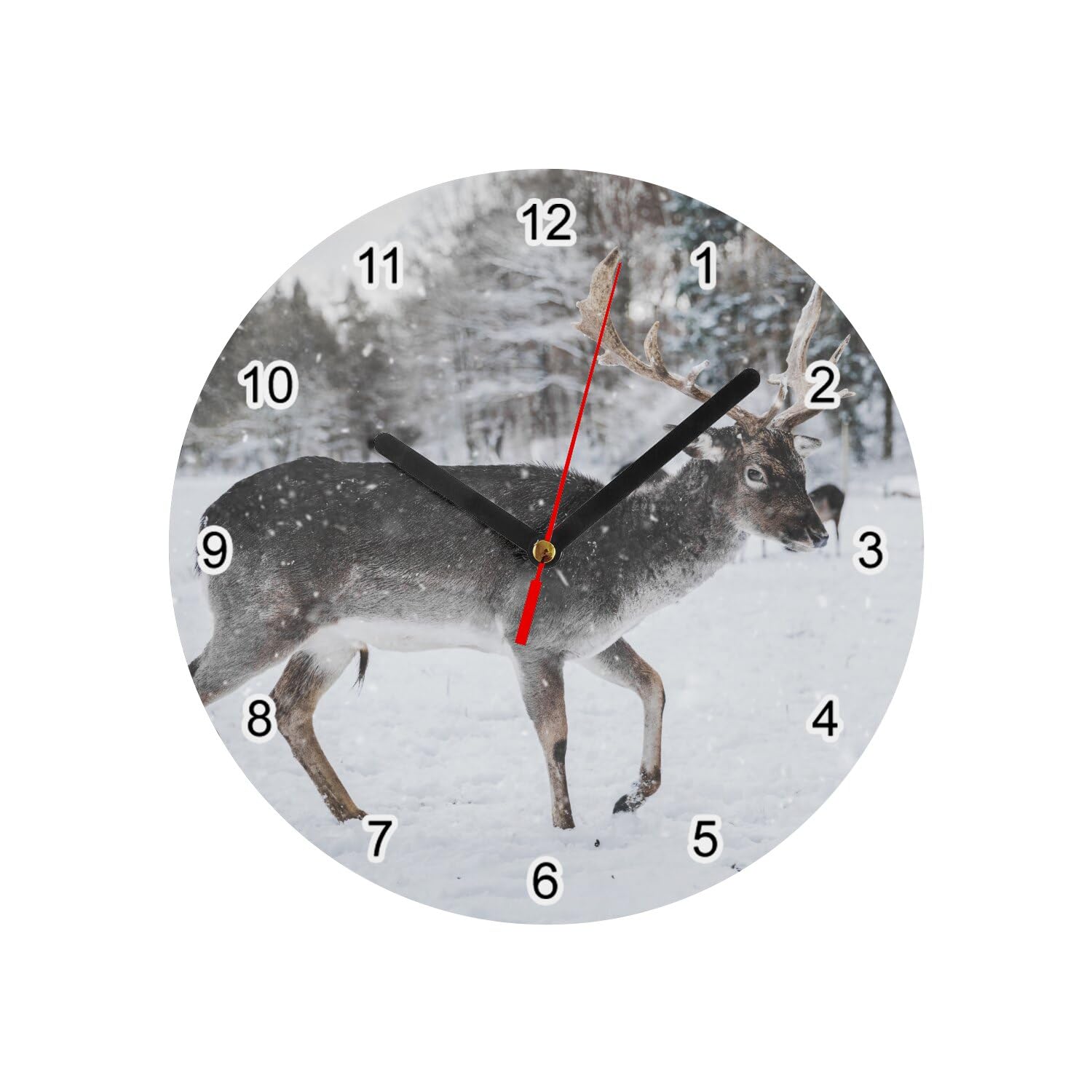 Horloge murale en verre Renne de Profil sous la Neige, Ø 20 cm - Blanc