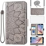 Asuwish Handyhülle für Samsung Galaxy S6 Hülle mit Band und Glas Schutzfolie Folie Kartenfach Klappbar Leder Geldbörse Ständer S 6 6S SM-G920F Handyhüllen Hüllen Mandala Schutzhülle Phone Case Grau