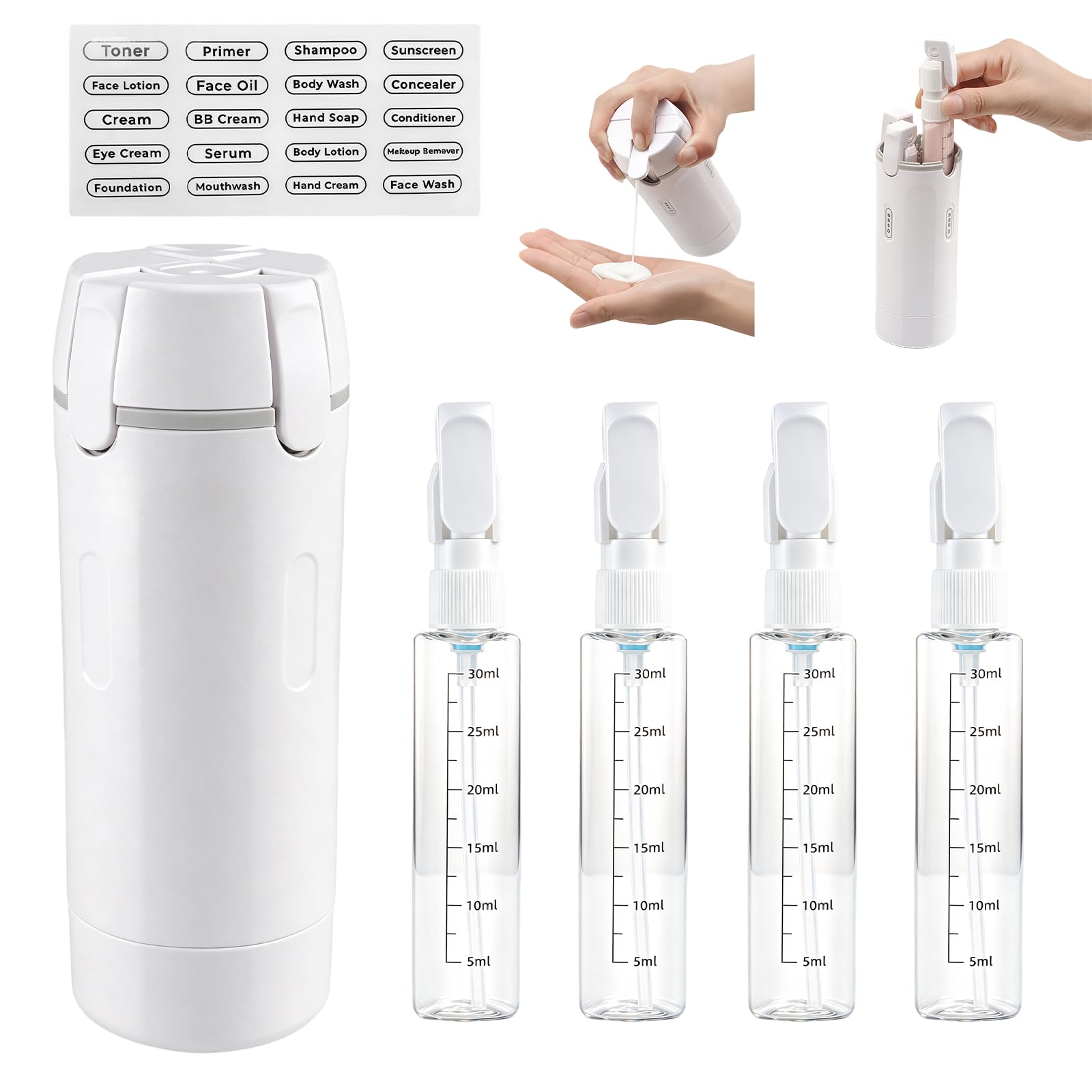 4 in 1 bottiglie da viaggio da riempire, bottiglie da viaggio ricaricabili, bottiglie di shampoo da riempire, gadget da viaggio, bottiglie da viaggio per shampoo, lozione e balsamo