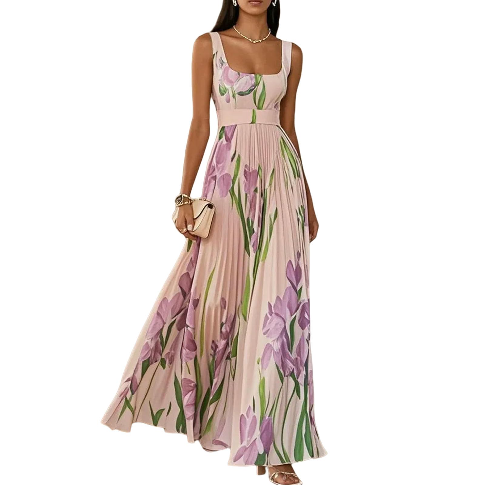 Abito Donna Invernale Estivo da con Spalline Senza Maniche Lungo Elegante A Pieghe Stampa Floreale Festa Vita Alta Colletto Quadrato Primaverile-Blu-l