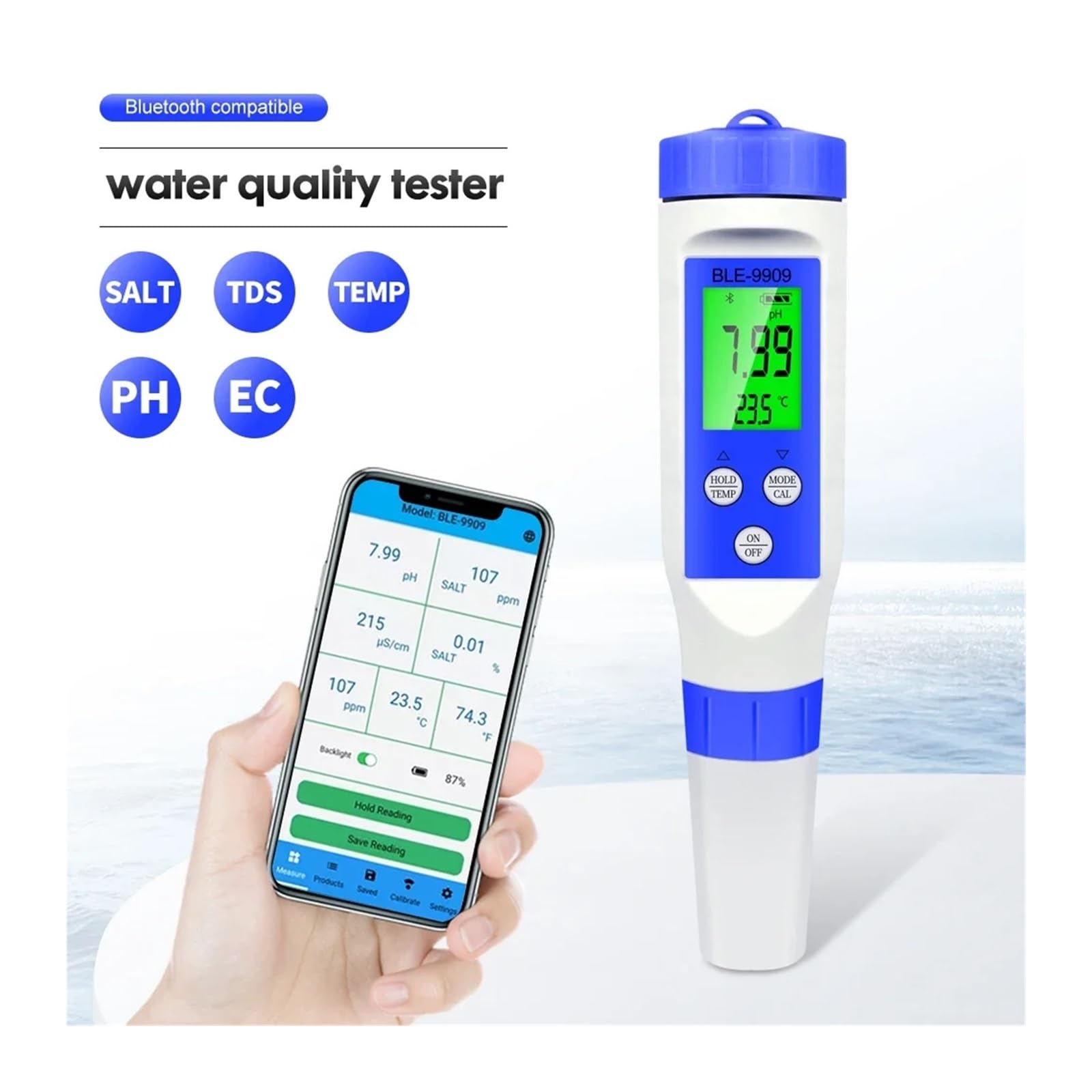 Bluetooth 5/2 w 1 PH/EC/TDS/Salinity/TEMP Meter Smart Online Monitor APP Control dla akwariów Pool Water Quality Tool, Szybka reakcja