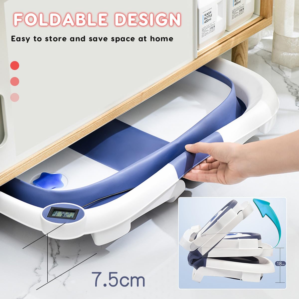 SONARIN Bañera Plegable Bebé con Termómetro & Cojín de Baño,Portátil Viaje Tina para Bebe Bañera de Ducha Reductor Bañera Bebe Antideslizante para Recién Nacidos Niños Pequeños(Rosa)