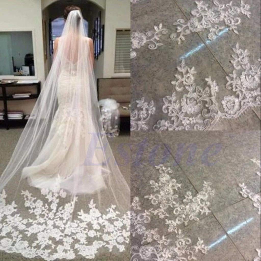 Velo de Mujer, 1 Capa Blanco Catedral Longitud Encaje Borde Novia Boda Nupcial Velo Largo + Peine