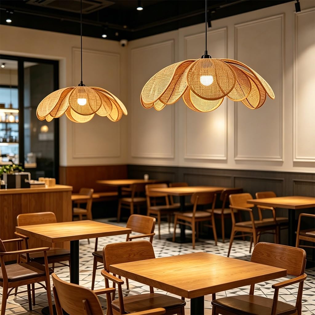 Blumenförmige Rattan Pendelleuchte Handgewebte Hängeleuchte E27 Natürliche Deckenlampe Für Wohnzimmer Schlafzimmer Esszimmer Flur Küche Moderne Rustikale Verstellbarer Höhe(50CM)