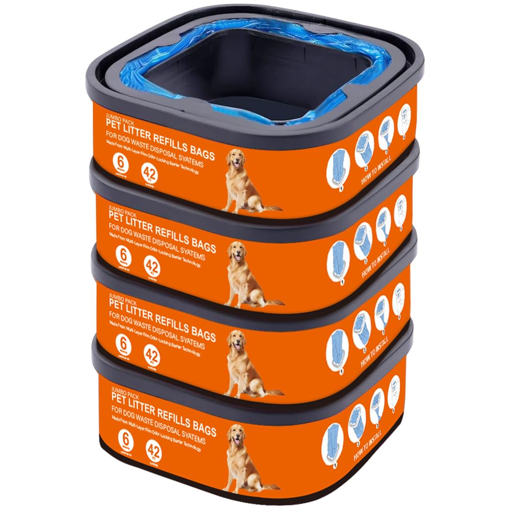 Jumbo Square Refills Disposal Bags Refill Compatible with Pet Dogs Genie Dog Waste Disposal System Pails, Ultimate Odor Control Dog Poop Bags, 4 Pack