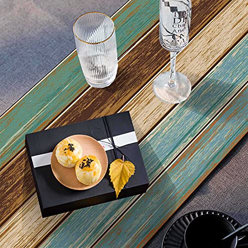 Mcalk Farmhouse Table Runner And Placemats Set Of 6, Teal And Brown Placemats Wooden Texture,Rectangle Cloth Place Mats Indoor For Kitchen,Washable Placemats Linen Material For Living Table #TOP5