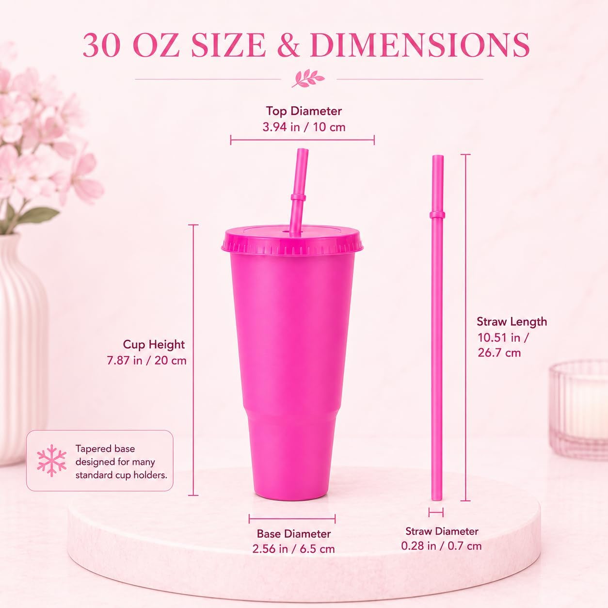 30 oz Plastic Tumblers with Lids and Straws, Hot Pink