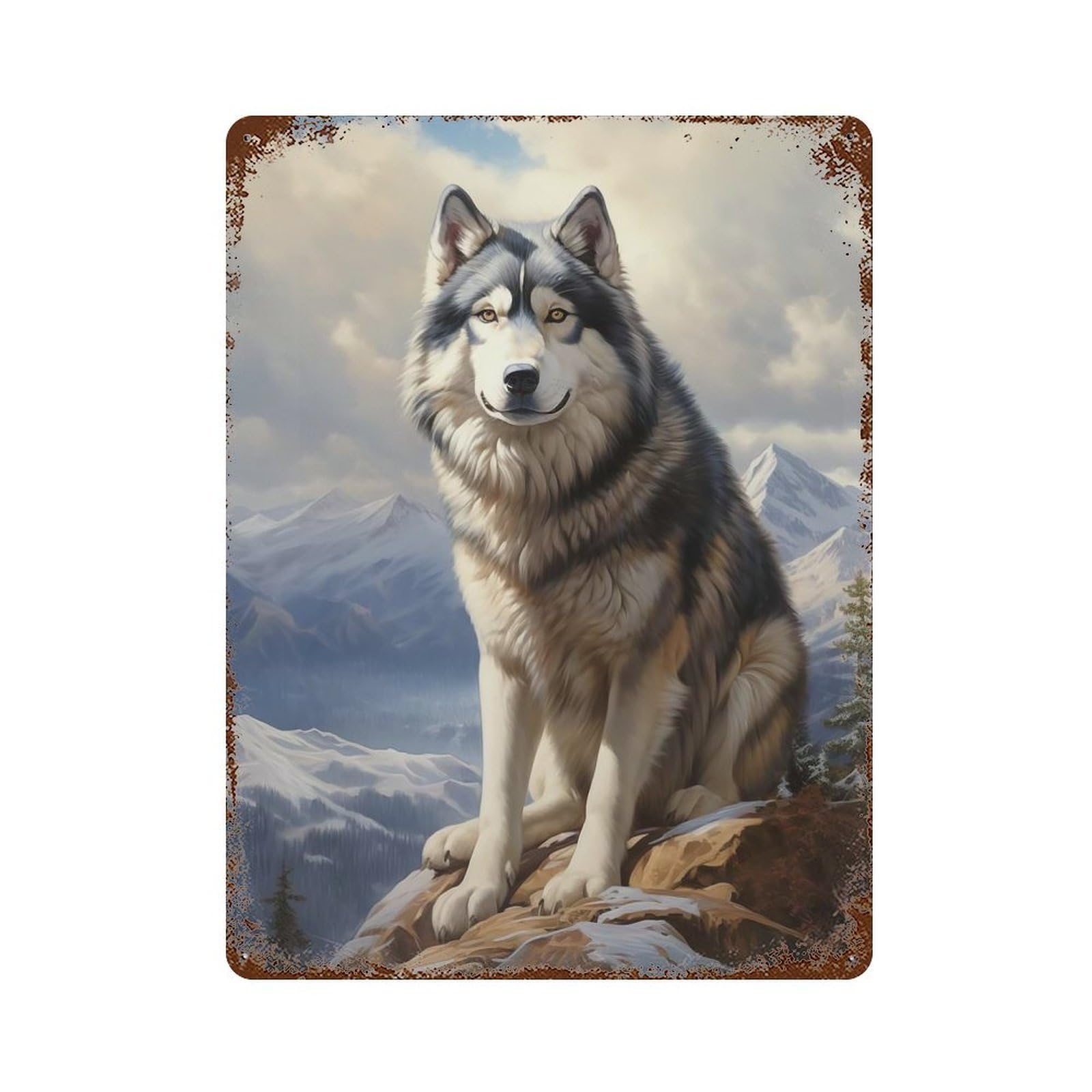 Decorative Tin Sign with Alaskan Malamute in Mountain Landscape Design 15.7"x11.8", for Garage, Bar And Workshop Decor, Decorative Metal Wall Art