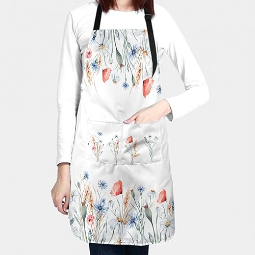 Miniatura 9 de Delantal floral de acuarela para mujer con 2 bolsillos, colorido arte floral, delantal impermeable, 28 x 33 pulgadas