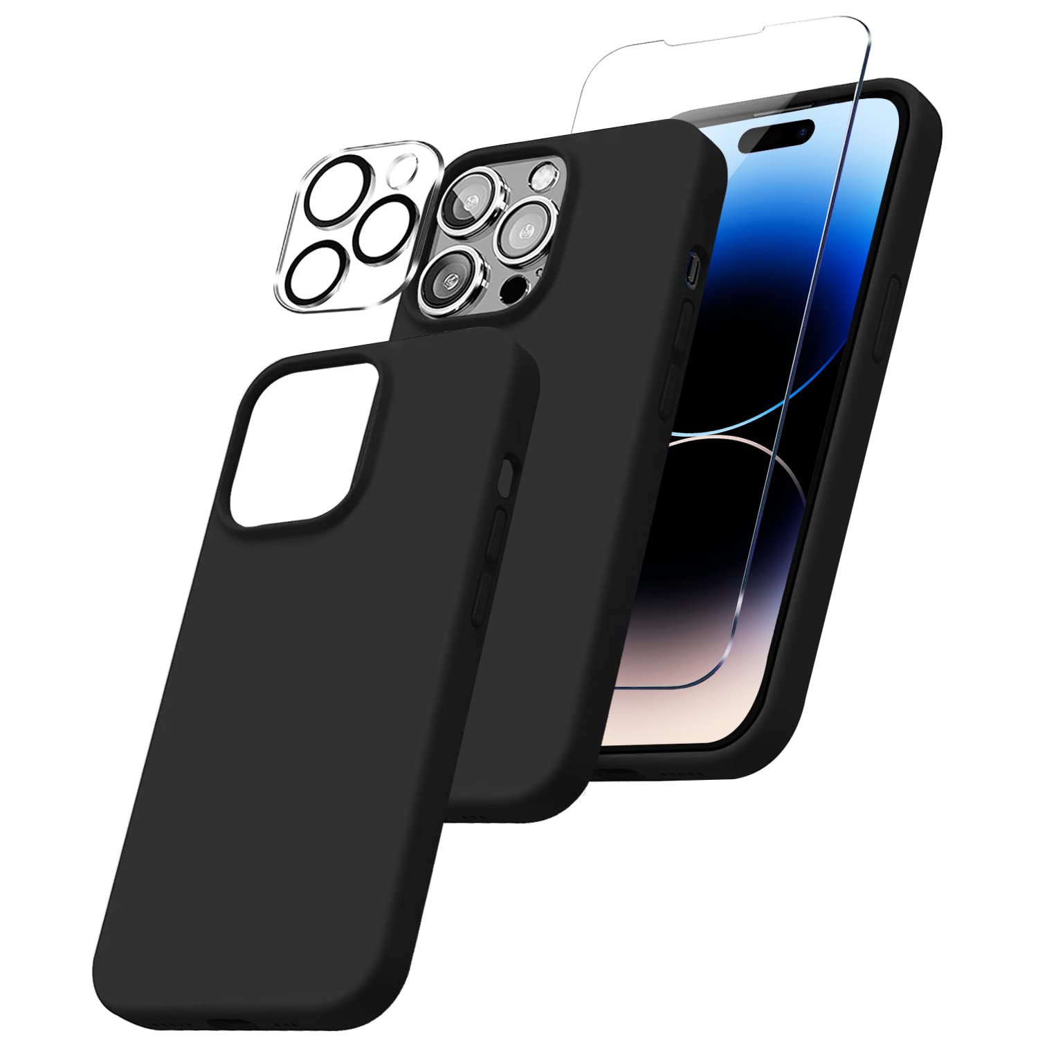 Oovial Compatible with iPhone 14 Pro 6.1 Inch Black Silicon 5 in 1 Bundle Includes Silicon Case, Screen Protector, Installation Kit, Camera Lens Protector, Cleaning Kit - Shockproof Full Protection