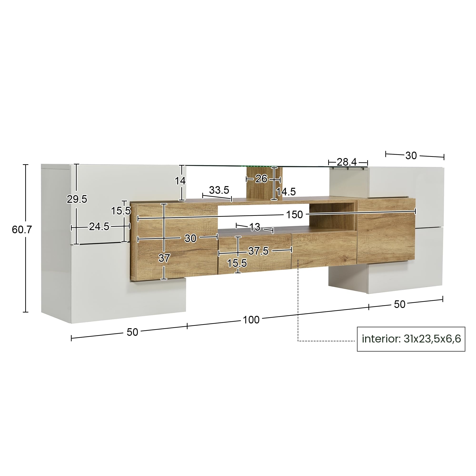 Mueble de TV de 200 cm, Elegante, Armario bajo de Alto Brillo con iluminación LED, Muebles de salón, diseño Moderno, Elegante Superficie de Cristal. (Color Madera, 200 cm)