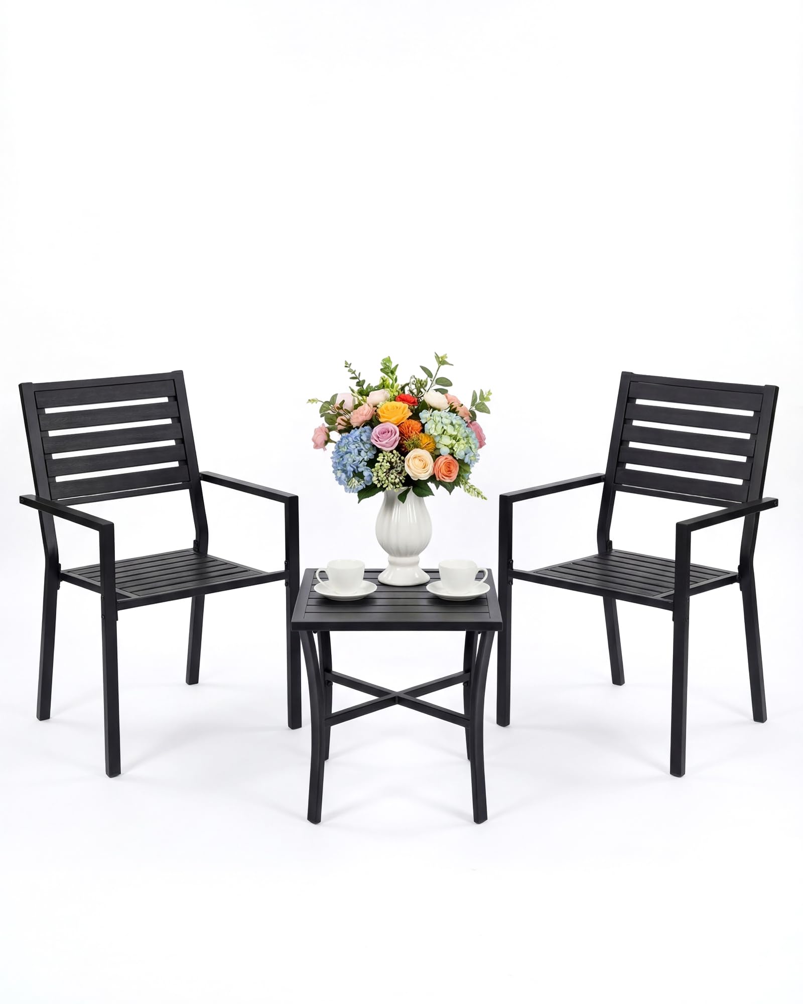 Set di mobili da giardino da 3 pezzi, resistente alle intemperie, in alluminio pressofuso e piastra in plastica, gruppo di sedute per esterni, con 1 tavolo da giardino e 2 sedie da balcone