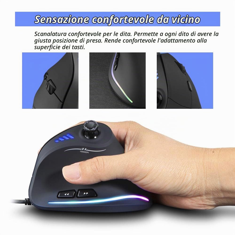 Zeerkeer Mouse Verticale 10000 DPI con Joystick Ergonomico,11 Tasti Programmabili Pollice,Mano,Polso,Bracciolo Prevenzione LED Ottico per Gamer/Laptop/Computer