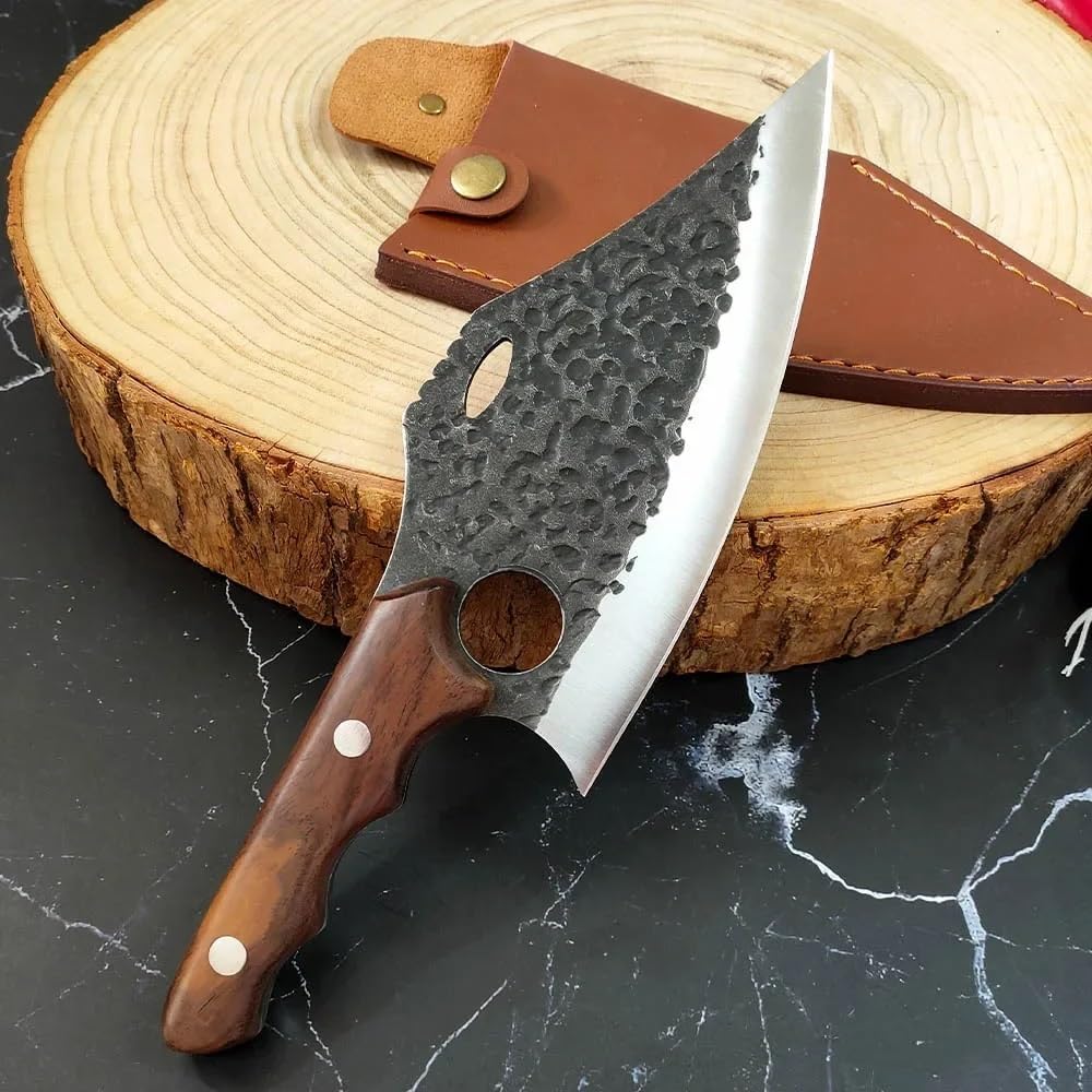 Meat Cleaver Knife, 7 Inch Chinese Knives With Finger Hole Kitchen Knife Cleaver Meat Chopping Vegetables Hand Forged Blade Butcher Boning Knives
