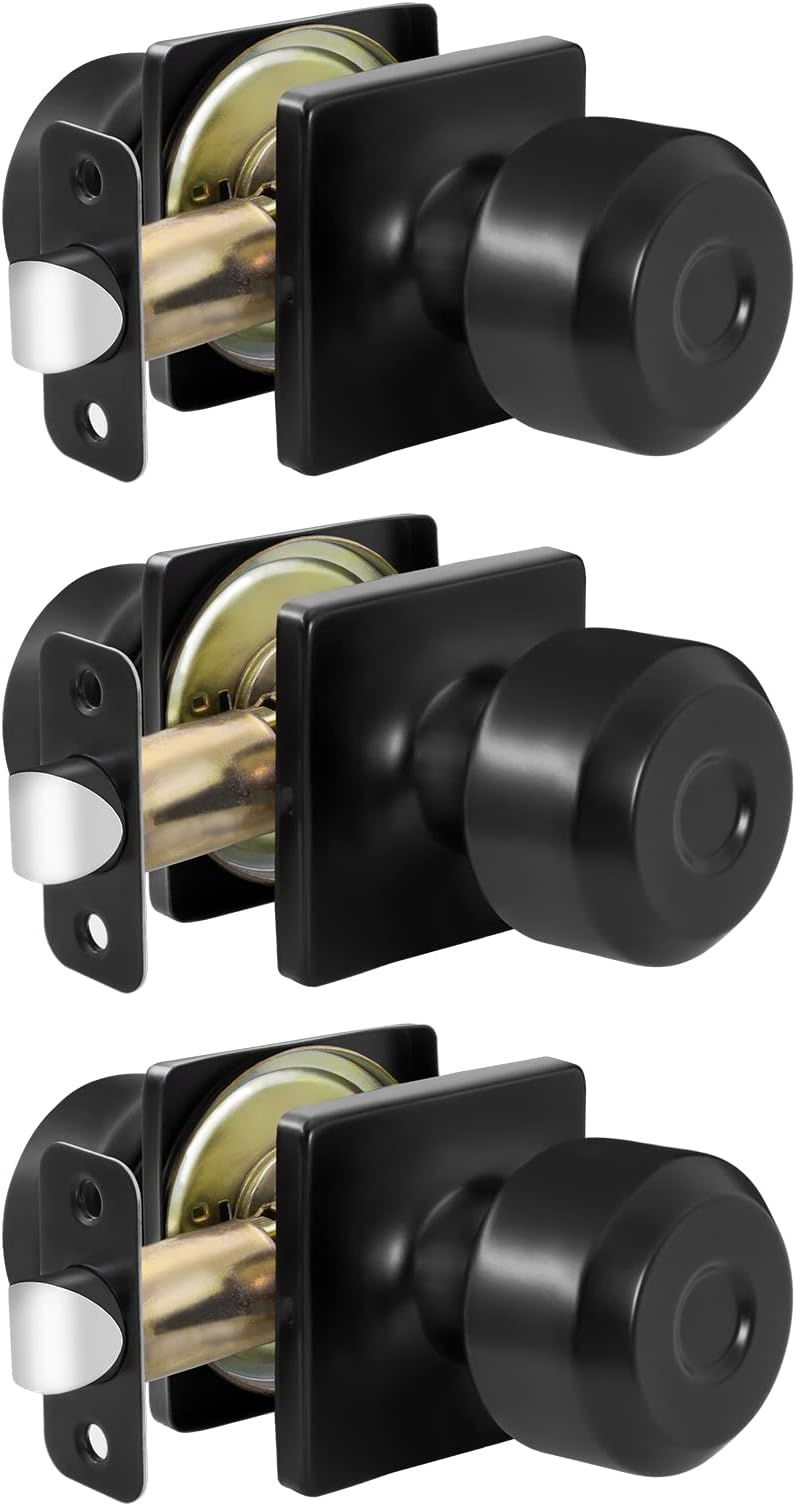 Haidms 3Packs Matte Black Passage Door Knobs, Black Closet Door Knobs,Passage Door Knobs Interior for Closet or Hall(Square Panel Closet Door Konbs)