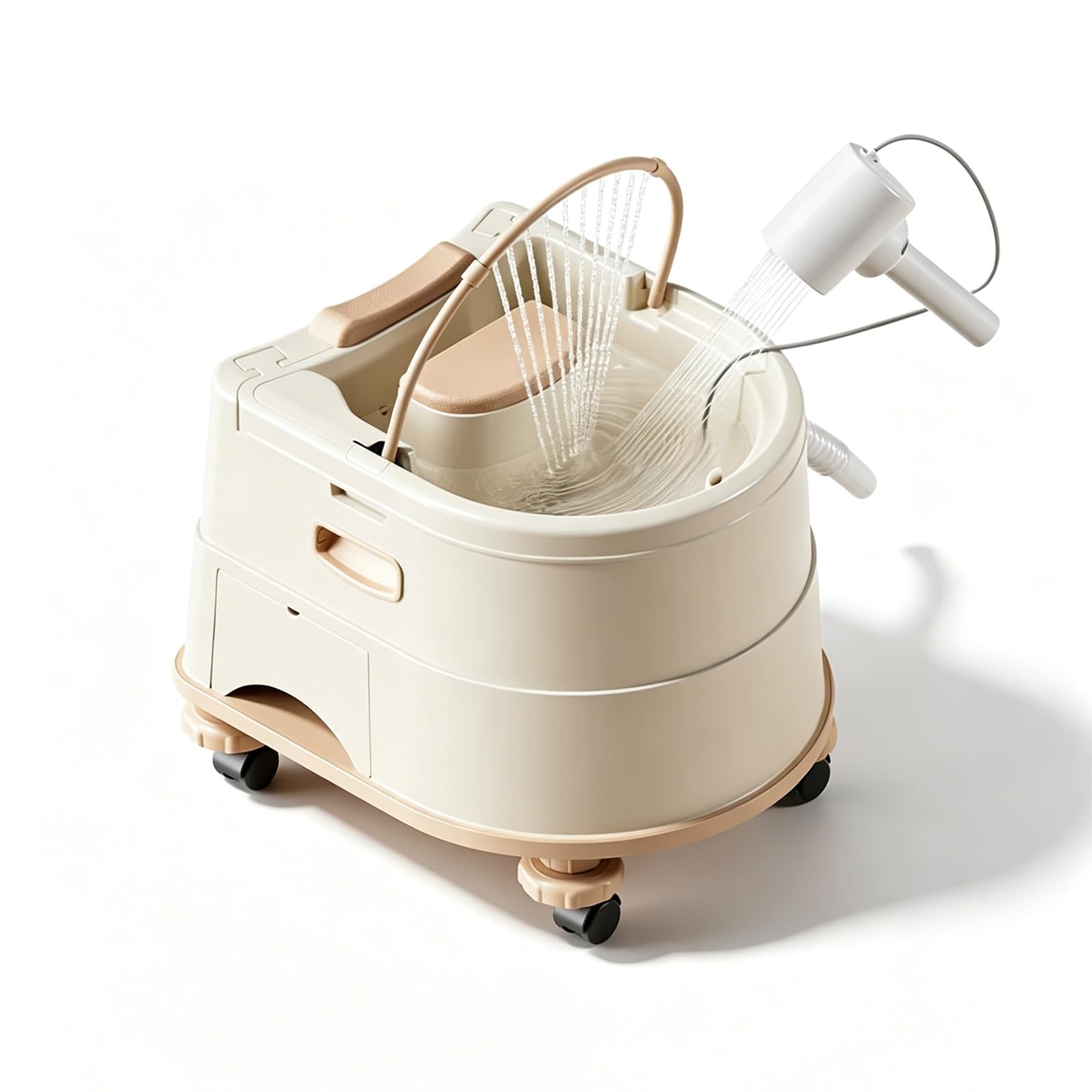 Lavacabezas Portátil para Cama, Lavabo de Peluquería Ajustable con Cojín de PU, Alcachofa de Ducha y Ruedas, Equipo de Head Spa Doméstico para Pelo Beige