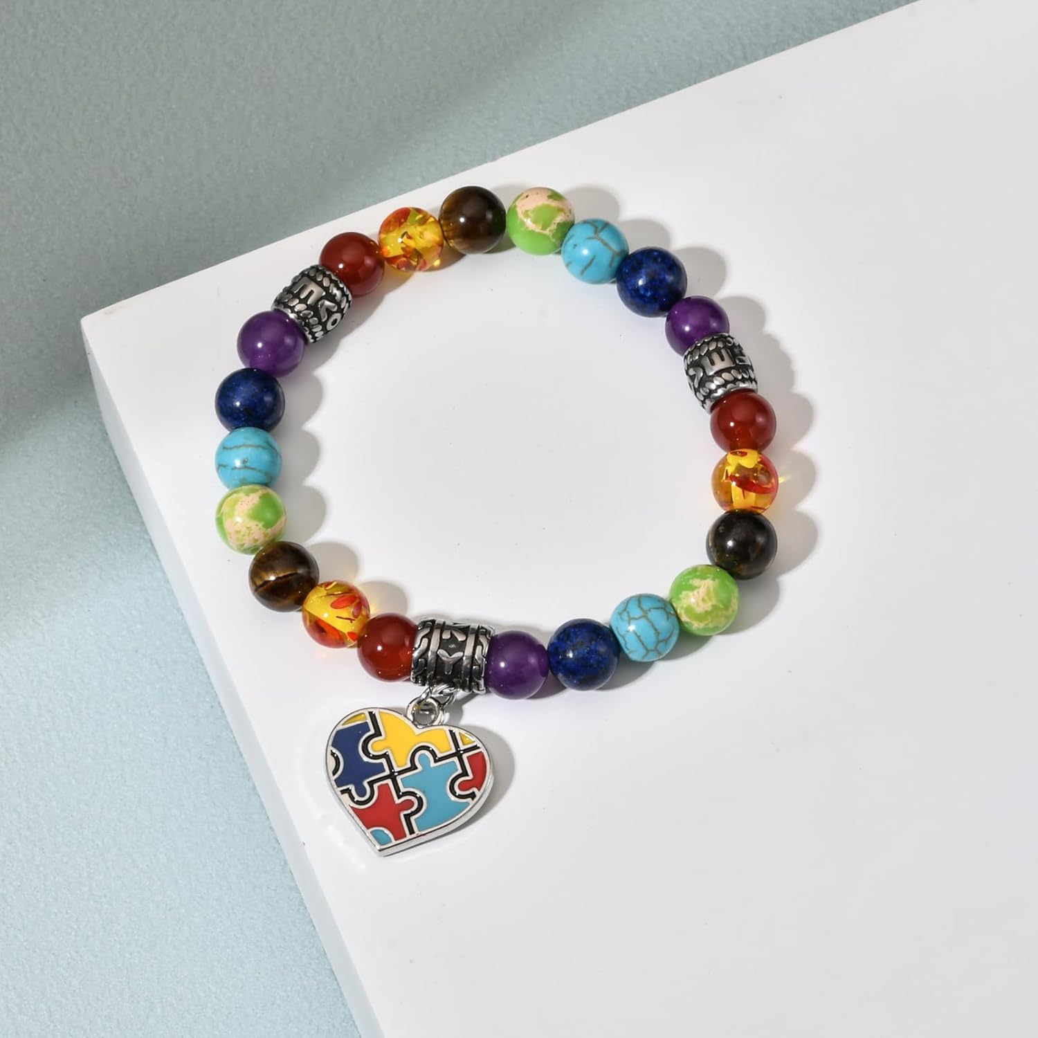 Autism Awareness Bracelet with Colorful Heart Puzzle Piece 7 Chakra Gemstone Beaded Elastic Bracelet Autistic Gift - Image 3