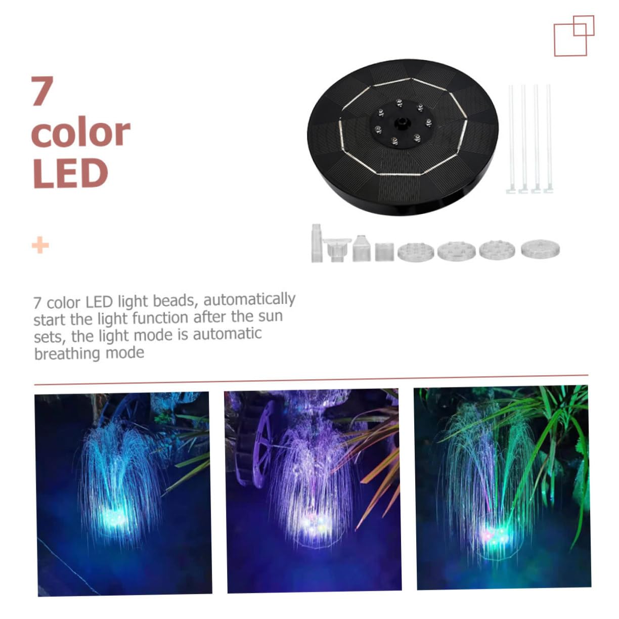 Pompa Fontana Solare 3, 5w LED Colorati per Vasca Uccelli | Nero, Plastico e Pannello Solare, Batteria Ricaricabile 1800mah, Getto Massimo 60cm