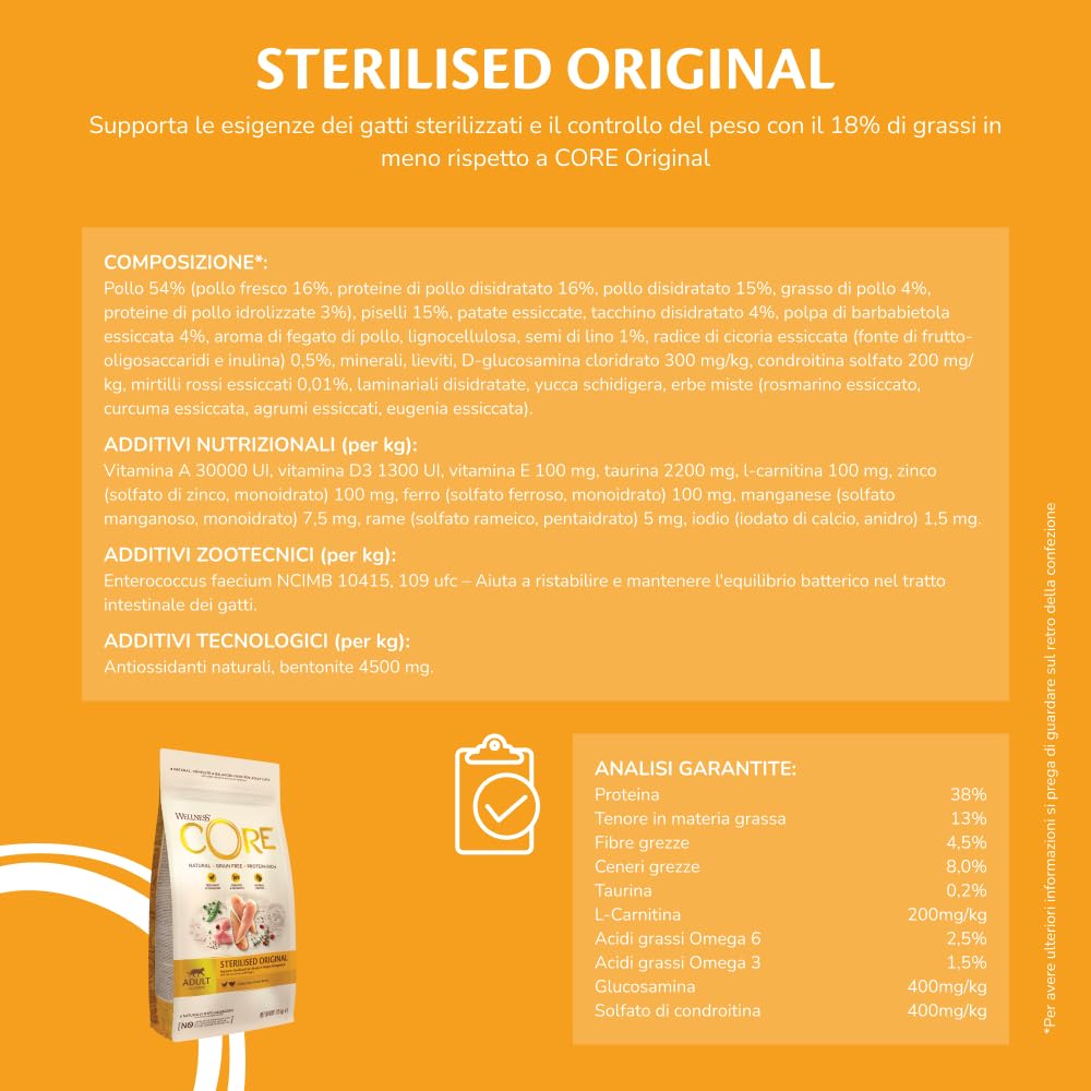 Wellness CORE Original Sterilizzato 4kg, Pollo & Tacchino –Crocchette Gatti | Cibo Secco Per Gatti Sterilizzati, Senza cereali, Naturale, Ipoallergenico, Ricco di Proteine e Carne, Per un Peso Ideale