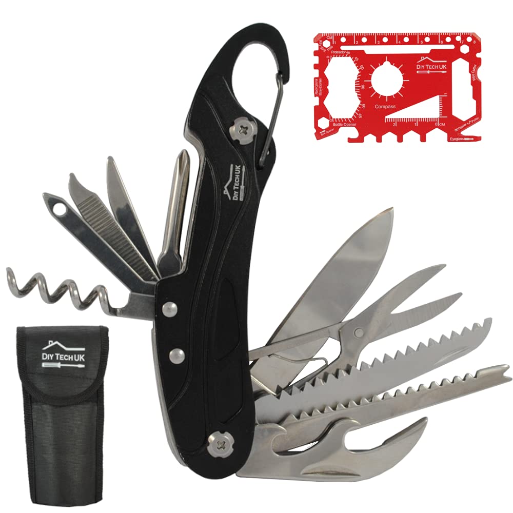13 in 1 Pocket Multi Tool with UK Legal Folding Knife + Mini Multitool with Scissors, Corkscrew, Saw, Tin Opener, Screwdriver, Carabiner - Black - with Pouch