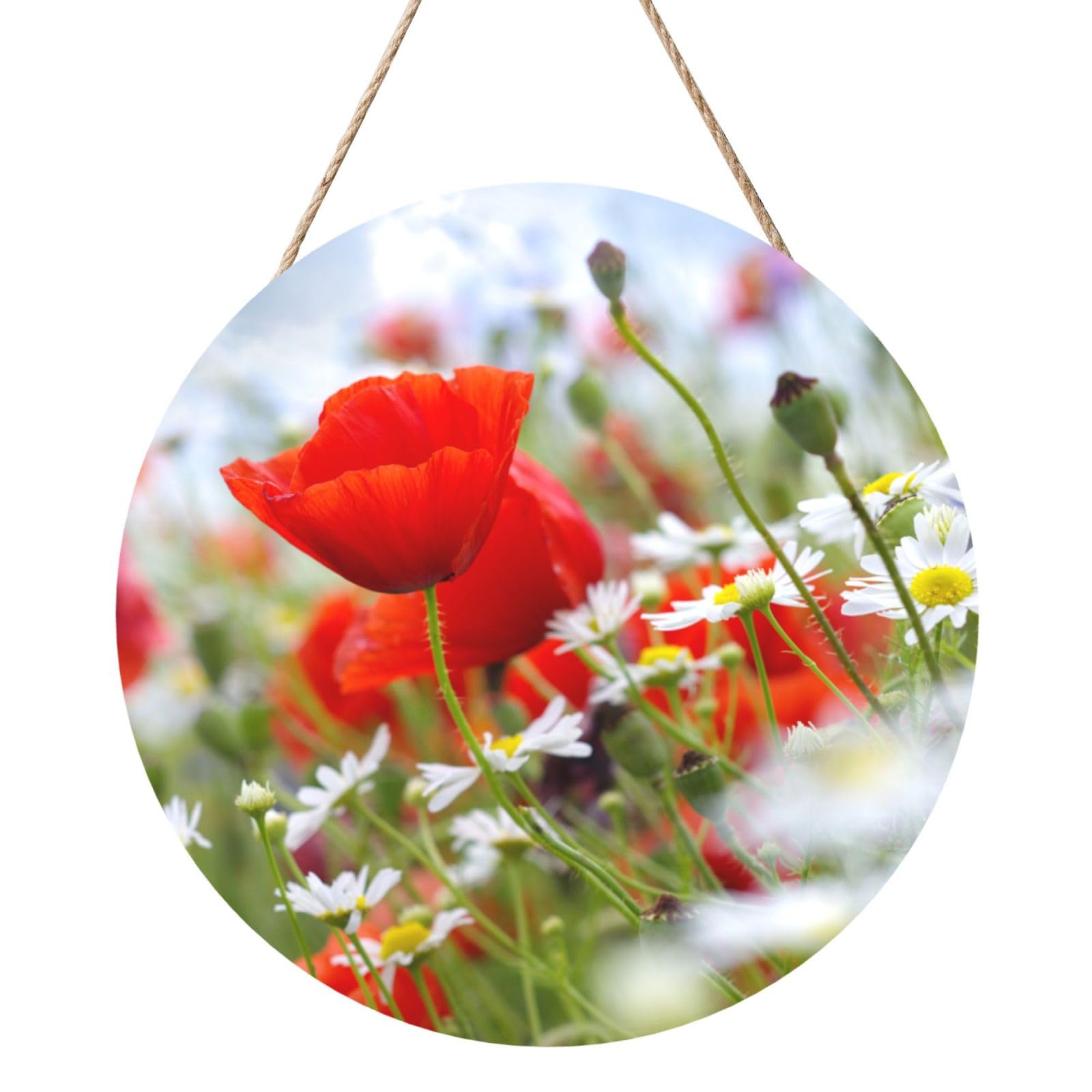 InOmak Meadow And Daisy Flowers, Round Wood Panel Painting 12 in, Wall Hanging Painting For Home