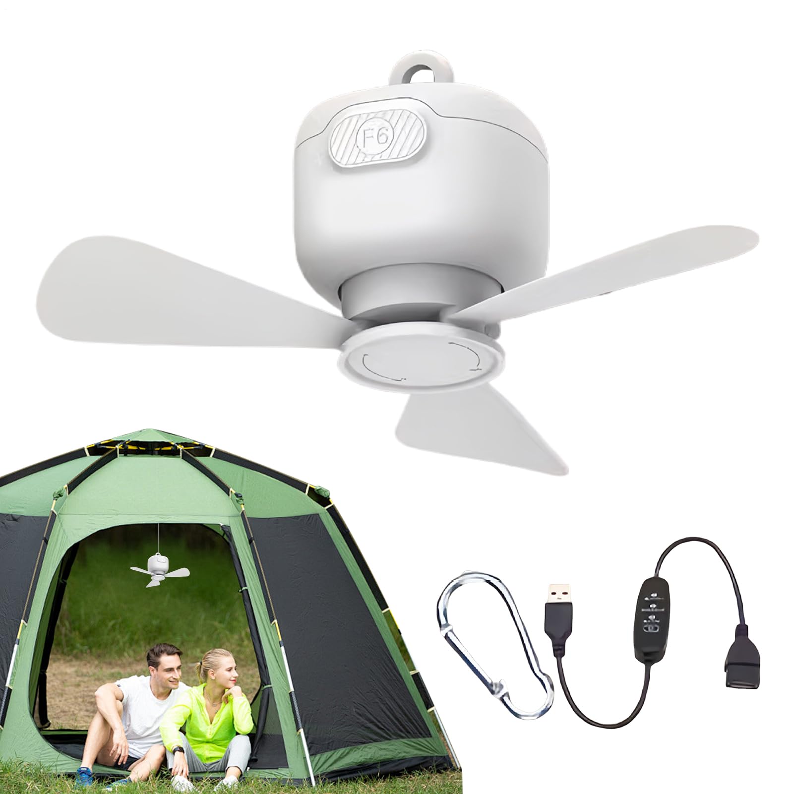 Ventilateur de plafond pour extérieur suspendu silencieux USB 3 vitesses pour camping et tonnelle