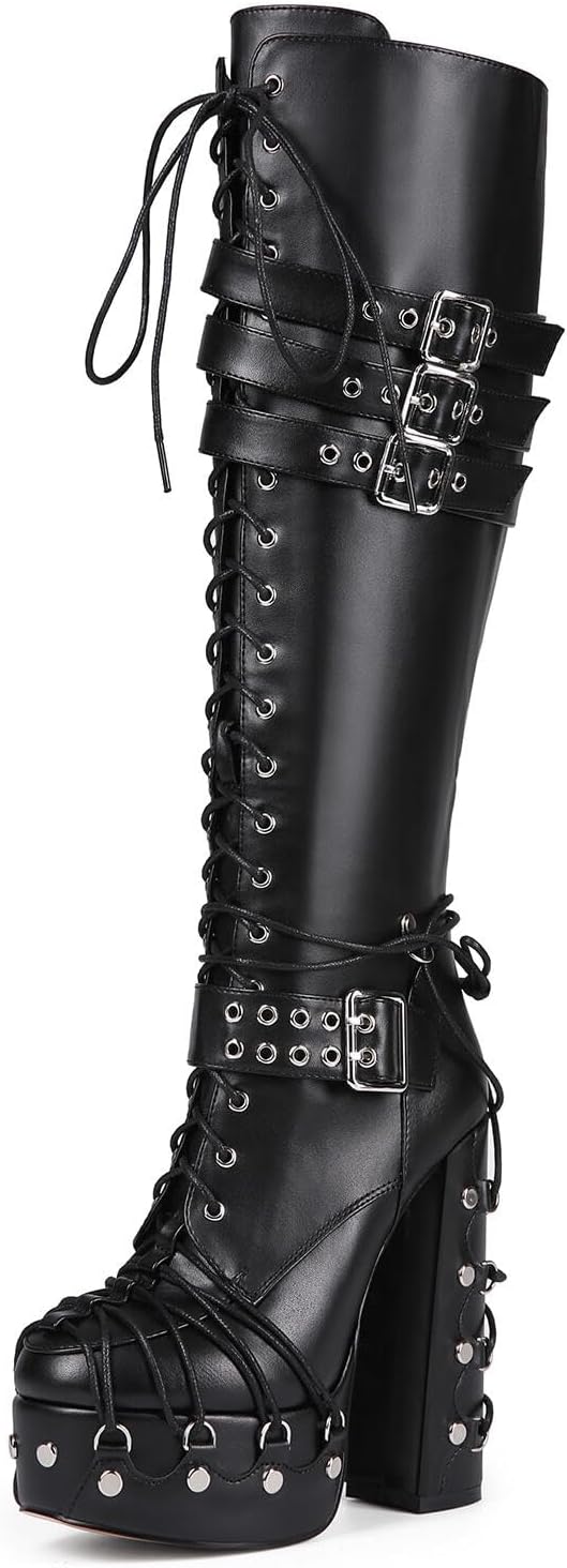 Feinlina Women's Goth Black Knee High Platform Boots Block High Heel Lace Up with Buckles Side Zip Round Toe Fashion Sexy Boots