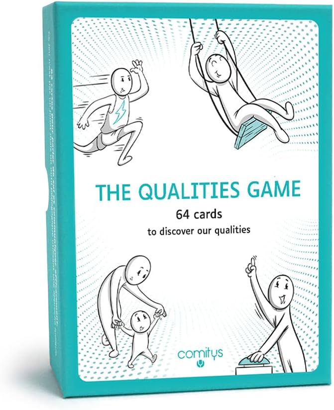 Comitys | The Qualities Game | Language : English | 64 flashcards and 256 Qualities | Non-Violent Communication Teaching Tool | Build Self-Esteem