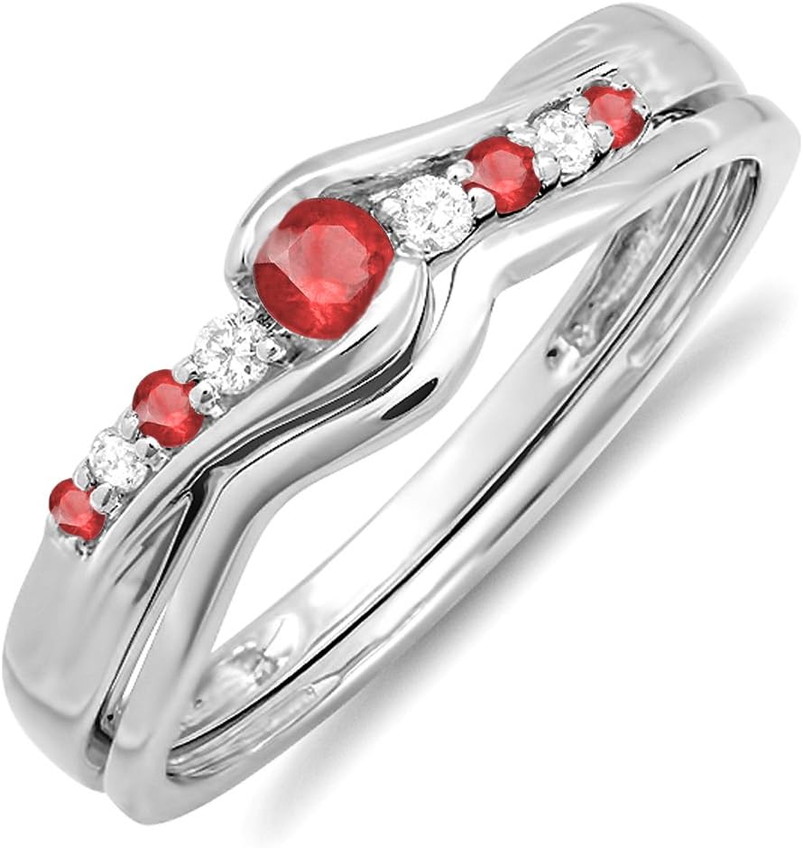 Dazzlingrock Collection Ruby And White Diamond Promise Engagement Wedding Ring Set, 14K Solid White Gold