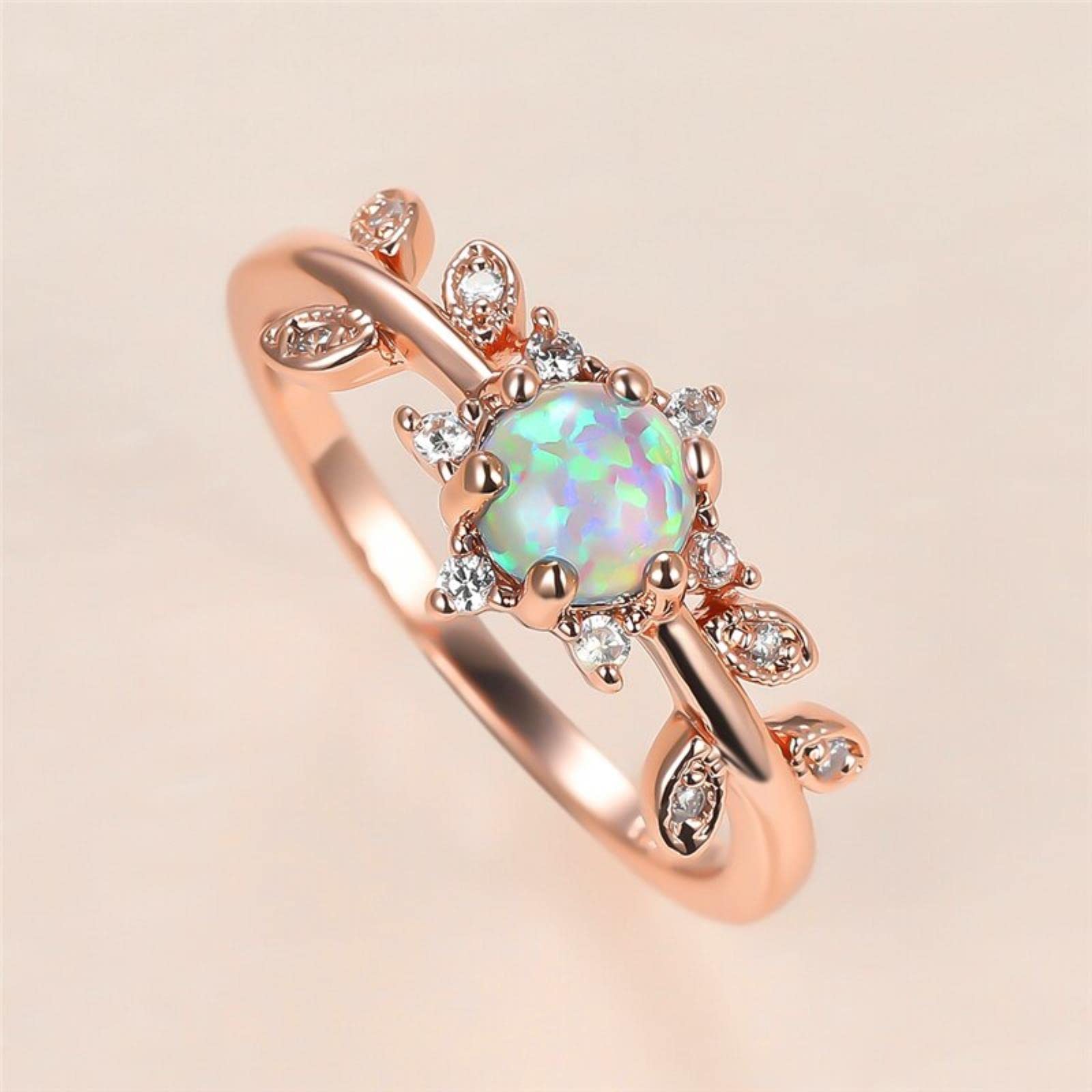 STOPI Cute Female White Round Opal Ring Vintage Rose And Gold Color Thin Wedding Rings For Women Luxury Bride Crystal Leaf Engagement Ring