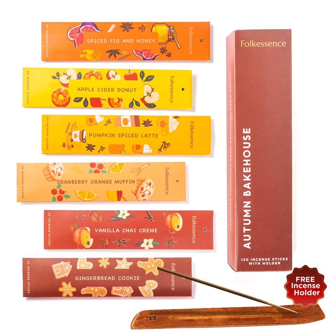 Folkulture Autumn Bakehouse Incense Sticks | Set Of 6 (120) Insence-Sticks With Incenses Holder For Relaxation | Cranberry, Gingerbread, Vanilla Incense | Organic, Slow Burning Orange, Pumpkin Spice Inscents For Home