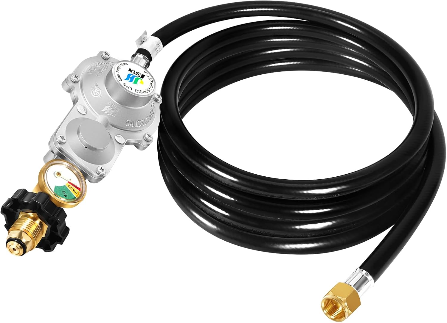 10 FT Two Stage Propane Regulator with Hose and Gauge, Standard POL Connection to 20-100 lb Propane Tanks, 3/8in Female Flare Fitting for Grill, Heaters, Gas Generator