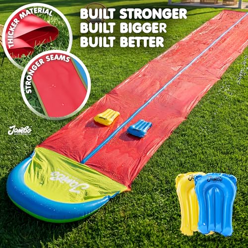 Image of JAMBO 32FT Extra Extra Long Slip Splash and Slide, 2 Bodyboards, Heavy Duty Water Slide with Inflatable Crash Pad, Double Lane Slip Slides, Outdoor Backyard Water Slides n Toys for Kids