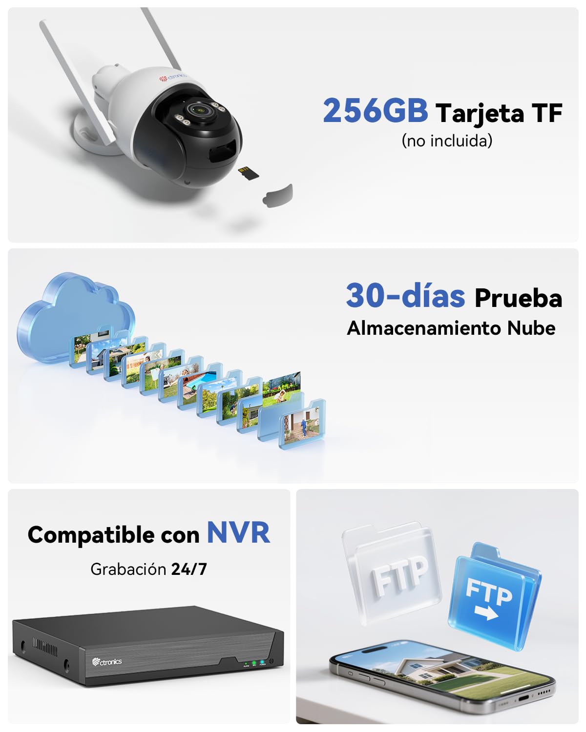 Ctronics 4K 8MP Camara Vigilancia WiFi Exterior Metal, IP Camera Detección Humana/Vehículo/Mascota & Seguimiento Auto, WiFi 2,4/5GHz, 4K Visión Nocturna Color, 256GB TF/Cloud/PC/FTP, IP66
