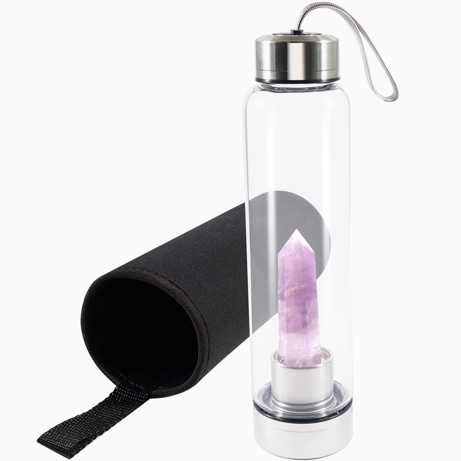 soulnioi Healing Crystal Glass Water Bottle Stainless Steel Water Bottle with Changeable Natural Crystal Point Center