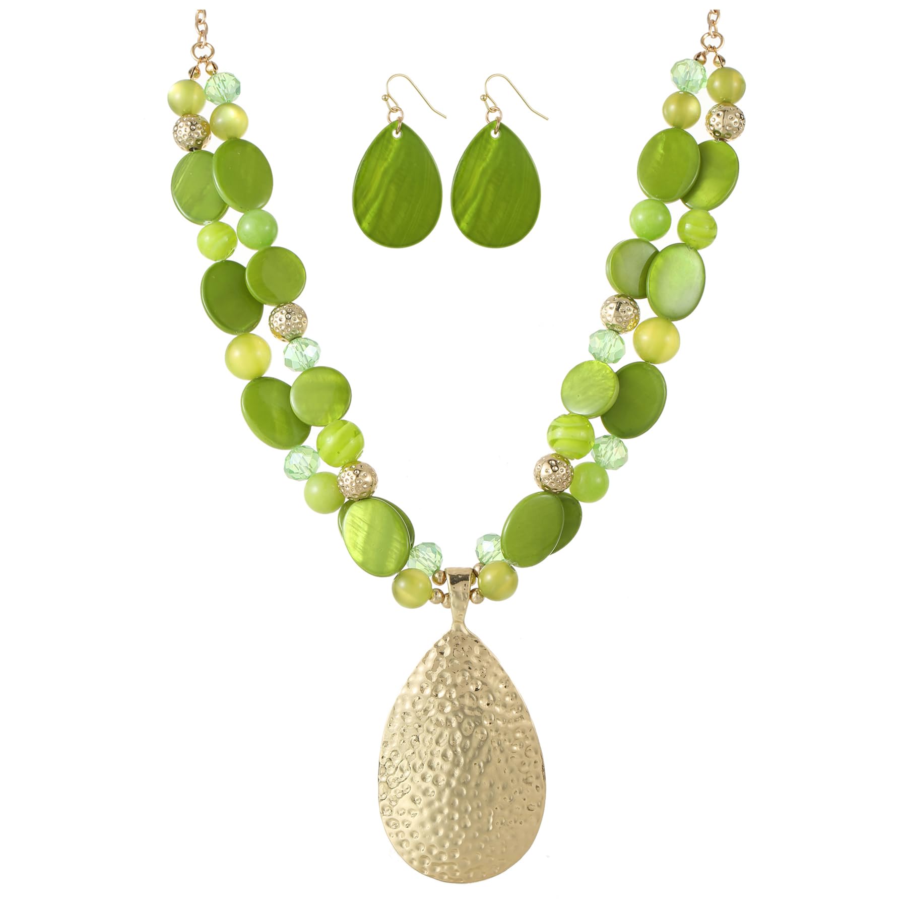 Gold/Silver 20''+3'' Teardrop Pendant Statement Necklace for women Trendy Colorful Crystal Shell Beaded Gemstone Necklaces and Earrings Set Womens